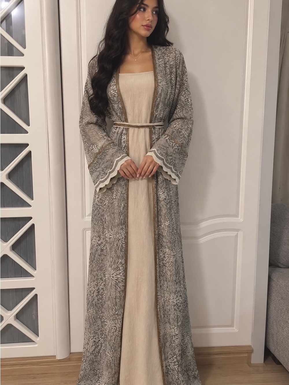 Elegant Beige & Gray Embroidered Abaya Robe